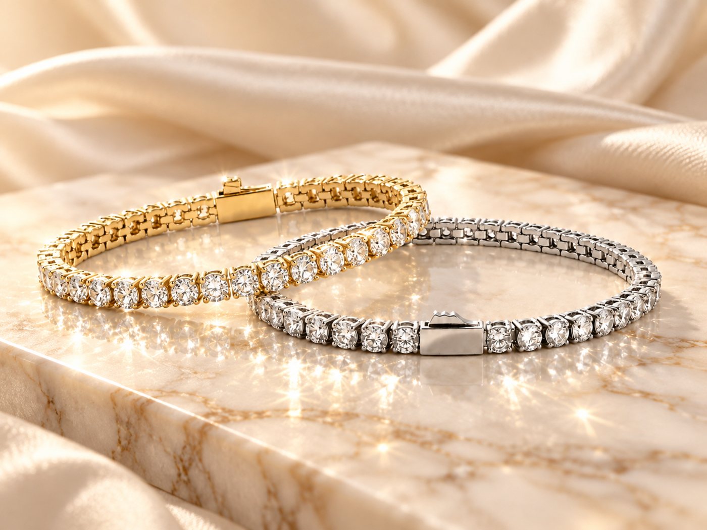 Gold and silver delicate tennis bracelet editorial styling