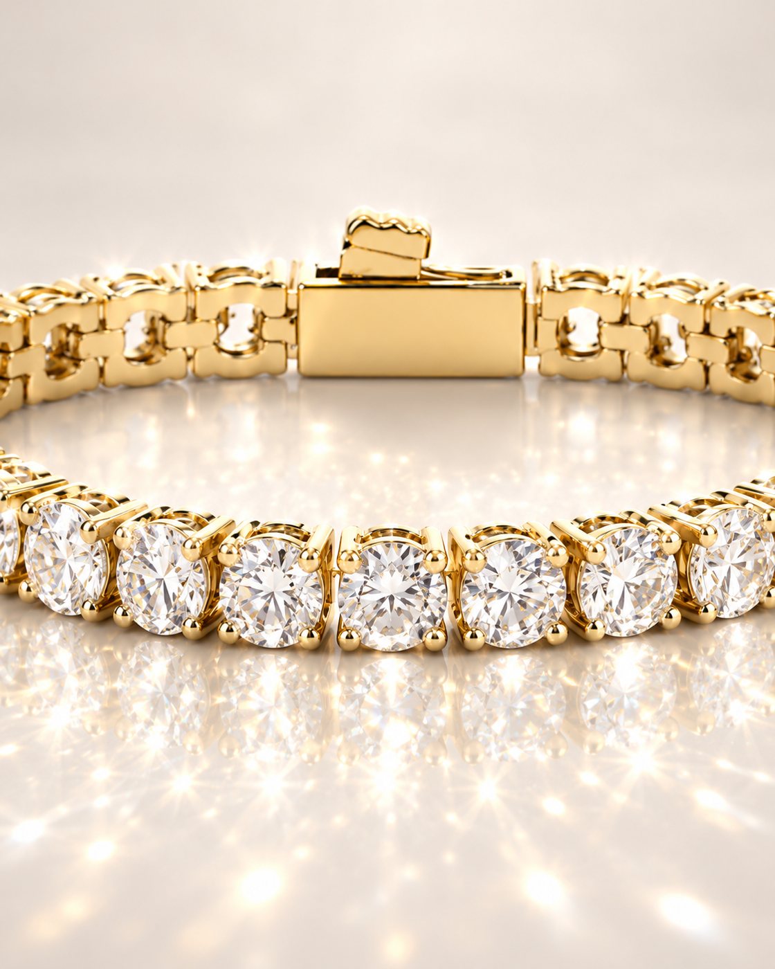 Close-up of a delicate gold tennis bracelet with sparkling small stones