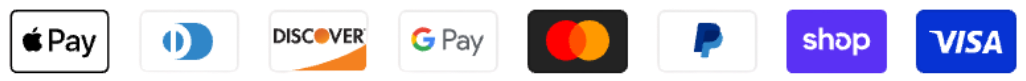 Apple Pay, Diners Club, Discover, Google Pay, Mastercard, PayPal, Shop Pay and Visa accepted